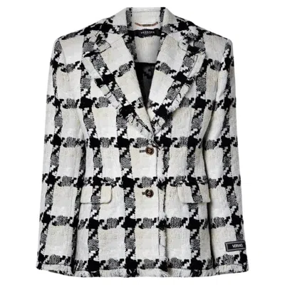 Pre-owned Versace Black White Checked Tweed Oversized Padded Shoulder Blazer 44