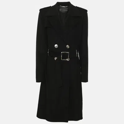 Pre-owned Versace Black Wool Blend Double Breasted Belted Overcoat L In Blue