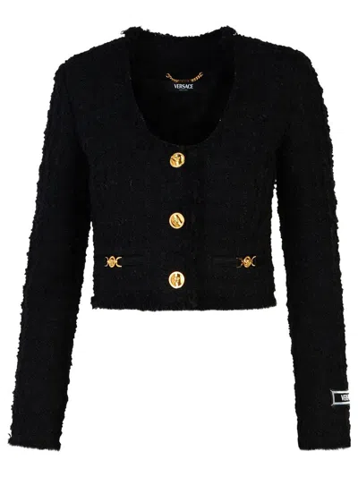 VERSACE BLACK CROP JACKET WITH JEWEL BUTTONS IN TWEED WOMAN