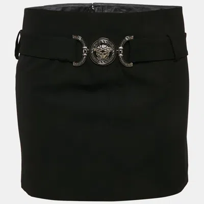 Pre-owned Versace Black Wool Medusa Detail Belt Mini Skirt S