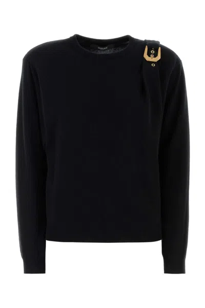 Versace Wool Sweater With Buckle Detail And Long Sleeves In Black