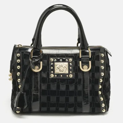 Pre-owned Versace Black Woven Velvet And Patent Leather Small Studded Snap Out Of It Satchel