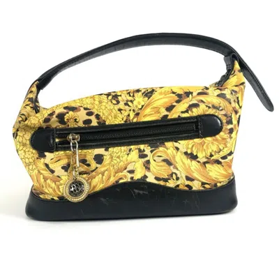 Pre-owned Versace Black Yellow Pvc Leather Handbag Pouch Vanity Bag () In Black, Yellow