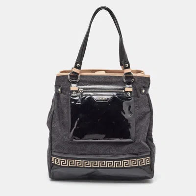 Versace Black/beige Medusa Print Fabric And Patent Leather Front Pocket Tote