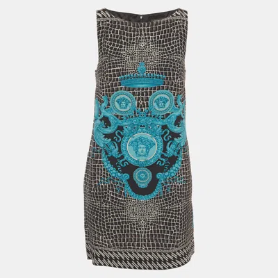 Pre-owned Versace Black/blue Crocodile Medusa Print Silk Sleeveless Mini Dress S