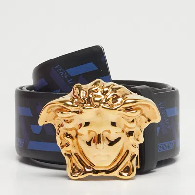 Pre-owned Versace Black/blue La Greca Print Leather Medusa Head Belt 95cm