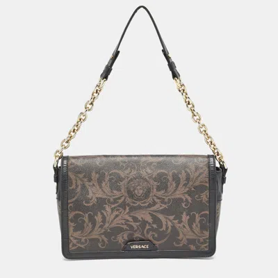 Pre-owned Versace Black/brown Baroque Print Coated Canvas And Leather Flap Chain Bag