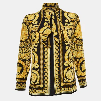 Pre-owned Versace Black/gold Barocco Print Silk Bow Tie Up Shirt Xs