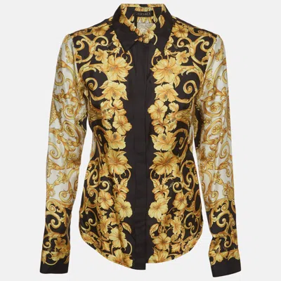 Pre-owned Versace Black/gold Barocco Print Silk Button-up Shirt S