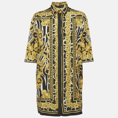 Pre-owned Versace Black/gold Baroque Print Silk Twill Button Up Shirt Dress M