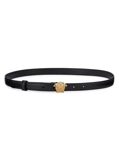 Pre-owned Versace Black/gold La Medusa Leather Skinny Belt Size 80 Cm /32 Inches$425nwt