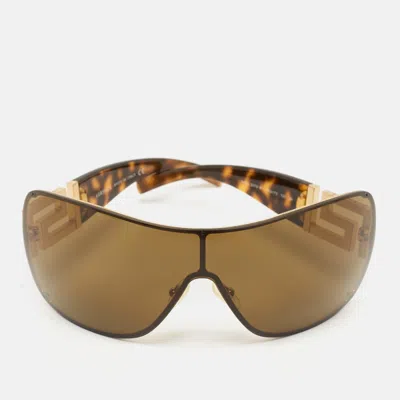 Pre-owned Versace Black/gold Mod. 2072-b Crystals Shield Sunglasses In Brown