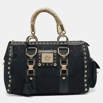 Pre-owned Versace Black/gold Signature Fabric And Leather Studded Snap Out Of It Satchel