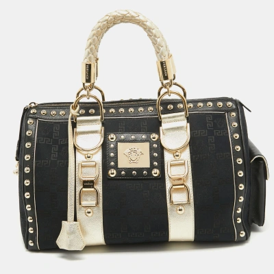 Pre-owned Versace Black/gold Signature Fabric And Leather Studded Snap Out Of It Satchel