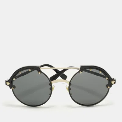 Pre-owned Versace Black/gold Tone Mod 4337 Medusa Studded Round Sunglasses