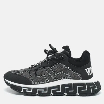 Versace Black Leather Trigreca Lace Up Sneakers In Animal Print