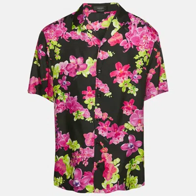 Pre-owned Versace Black/pink Floral Print Silk American Fit Shirt L