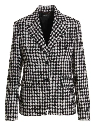 VERSACE BLACKWHITE SINGLE BREAST TWEED WOOL BLAZER