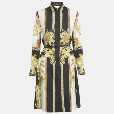 Pre-owned Versace Black/yellow Barocco Print Silk Belted Shirt Dress S