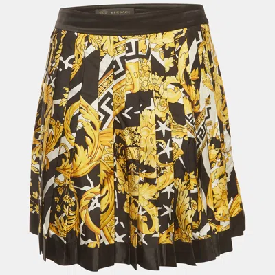 Pre-owned Versace Black/yellow Barocco Print Silk Pleated Mini Skirt M