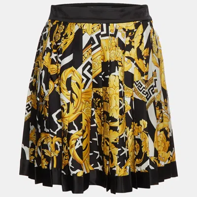 Pre-owned Versace Black/yellow Barocco Print Silk Pleated Mini Skirt S