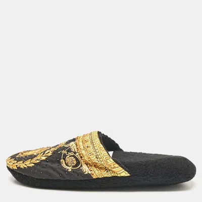 Pre-owned Versace Black/yellow Fabric Crystal Embellished I Love Baroque Print Mules Size S