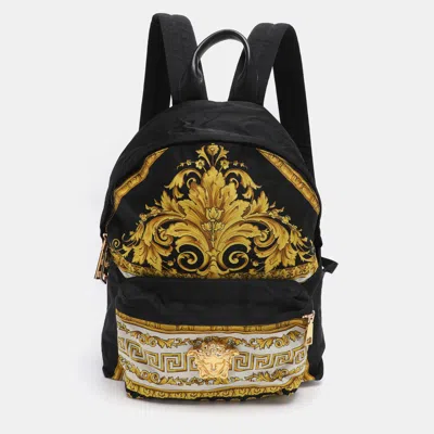 Versace Black/yellow Medusa Print Nylon And Leather Backpack