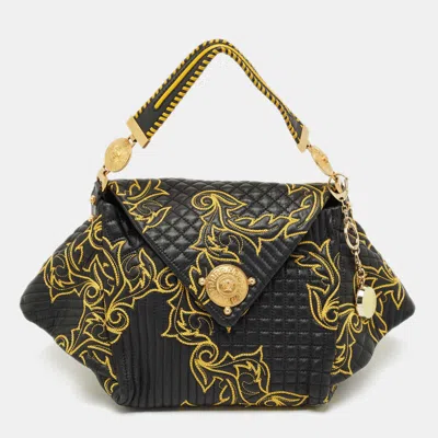 Pre-owned Versace Black/yellow Mix Quilted Leather Embroidered Barocco Shoulder Bag
