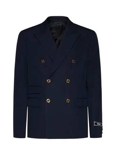 Versace Wool Double-breasted Blazer In Navy Blue