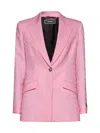 Versace Pink Single-breasted Jacket With All-over Tonal Logo Lettering Print In Pastel Pink