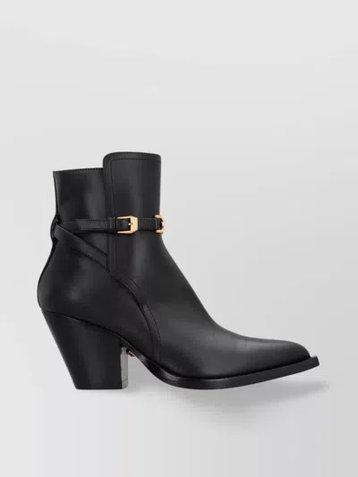 Versace Block Heel Leather Ankle Boots In Black