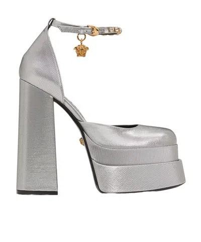 Versace Block Heel Mules With Ankle Strap In Gray