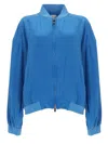 Versace Blouson Con Zip In Popeline Di Seta In Blue