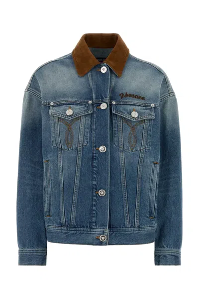Versace Blouson Denim Stone Wash Softened With Leather Ins In White