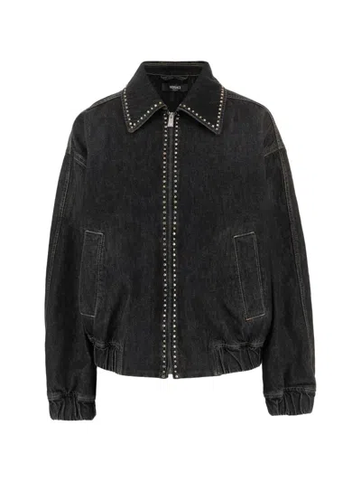 Versace Blouson Denim Stone Washed Black With Studs In Brown