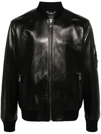 Versace Blouson Leather Solid Leather Embroidery In Black