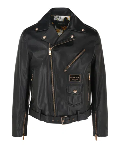 Versace Blouson Leather Jacket In Black