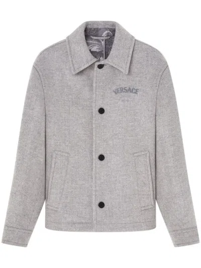 Versace Blouson Solid Heavy Wool Fabric And Stamp Embroidery In Gray