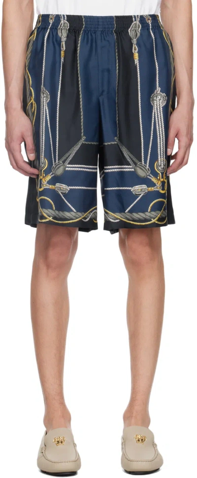 Versace Nautical Printed Silk Shorts In Blue