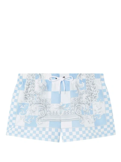 Versace Baroque-print Checked Swim Shorts In Blue