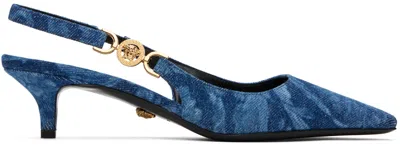 Versace Blue Barocco Denim Heels In 1d06v-blue- G