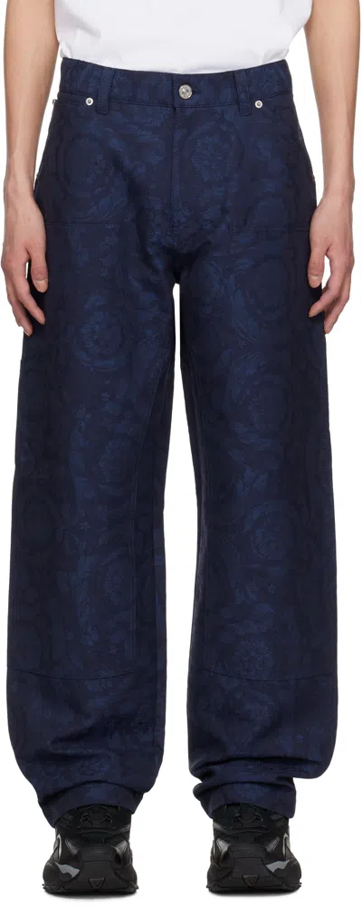 Versace Blue Barocco Jacquard Carpenter Trousers In 1ui20-navy Blue