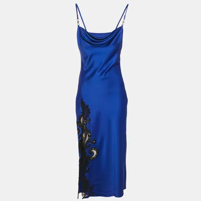 Pre-owned Versace Blue Barocco Lace Satin Silk Cowl Neck Slip Dress S