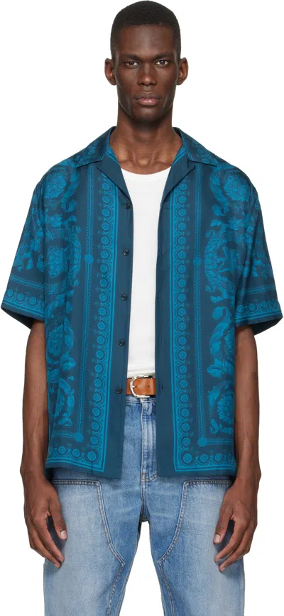 Versace Blue Barocco Silk Shirt