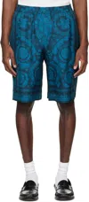 Versace Relaxed Baroque Patterned Silk-nylon Shorts In Blue