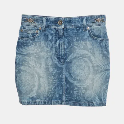 Pre-owned Versace Blue Baroque Print Denim Mini Skirt Xs