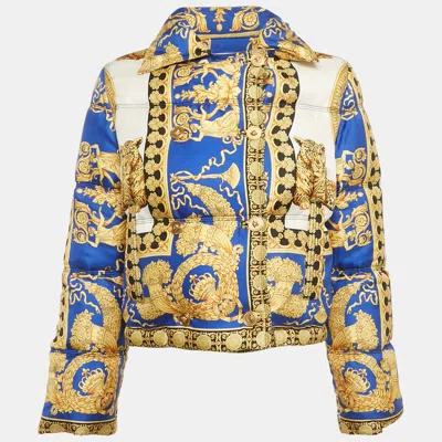 Pre-owned Versace Blue Baroque Print Silk Puffer Down Jacket S