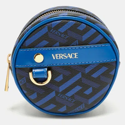 Versace Blue Coated Canvas And Leather La Greca Zip Round Pouch