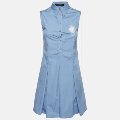 Pre-owned Versace Blue Cotton Pleated Sleeveless Dress Xs