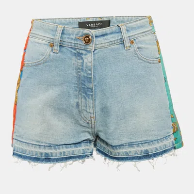 Pre-owned Versace Blue Denim Contrast Trimmed Low Waist Royal Rebellion Shorts S